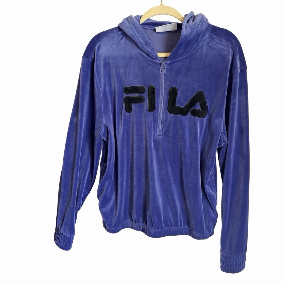 FILA Velour Hooded Track Jacket Women’s Size Large Purple Full Zip Stretch Y2K
